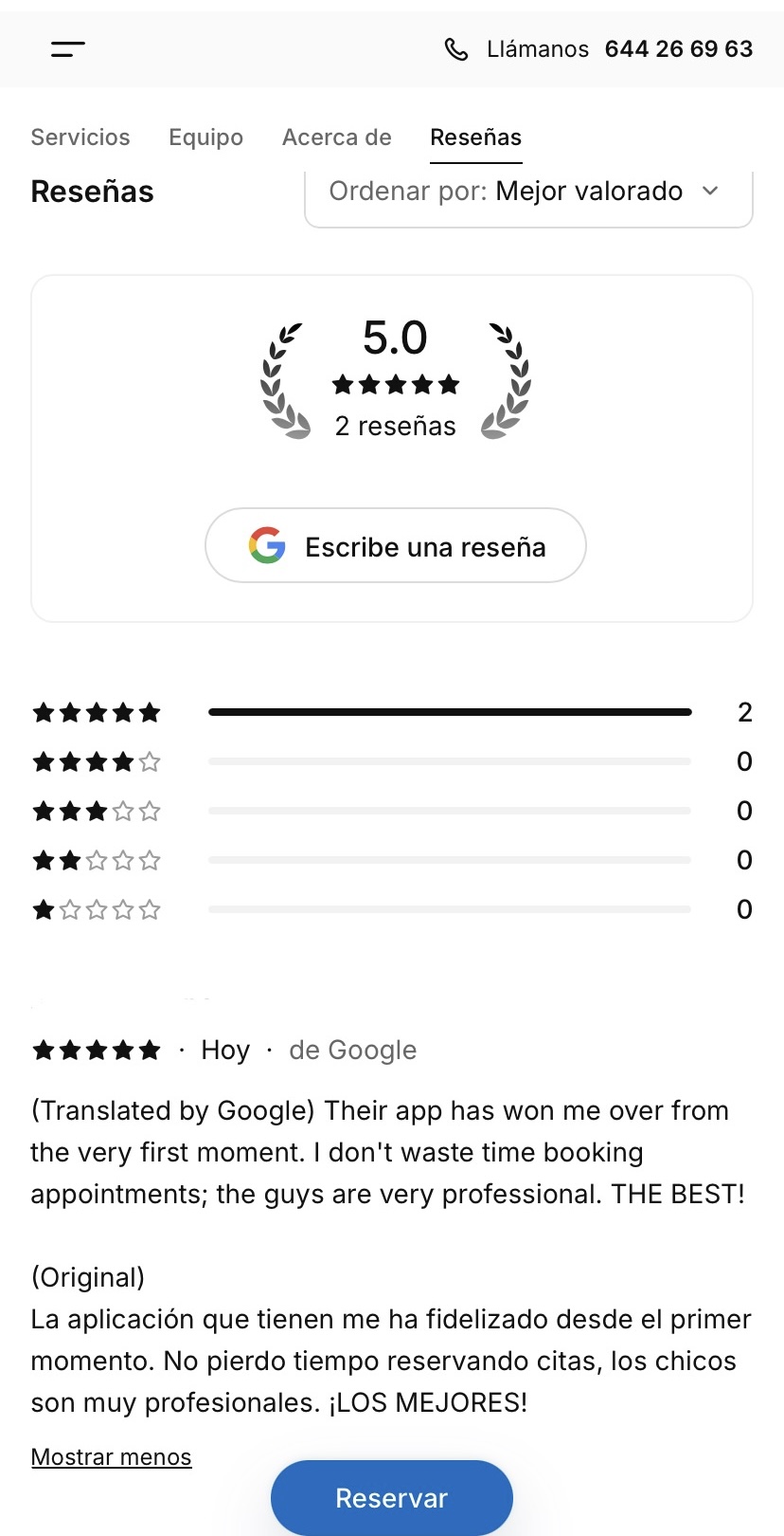 Pantalla de reseñas de Google con puntuación 5.0 y estrellas