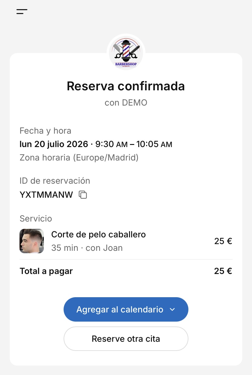 Pantalla de reserva confirmada con fecha, hora, servicio y precio